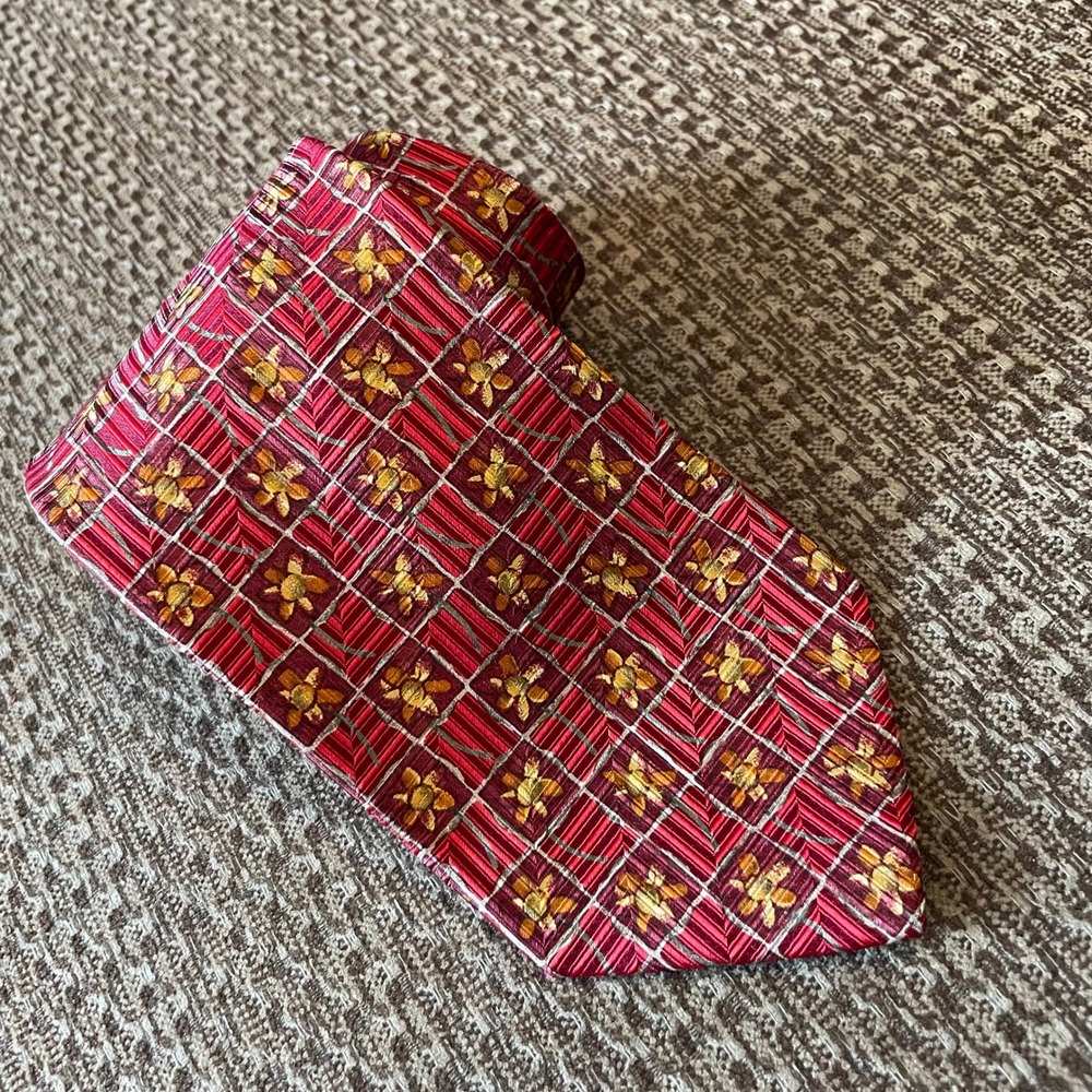 Ermenegildo‎ Zegna Silk Tie Red Gold Floral Plaid Mens Luxury Officewear